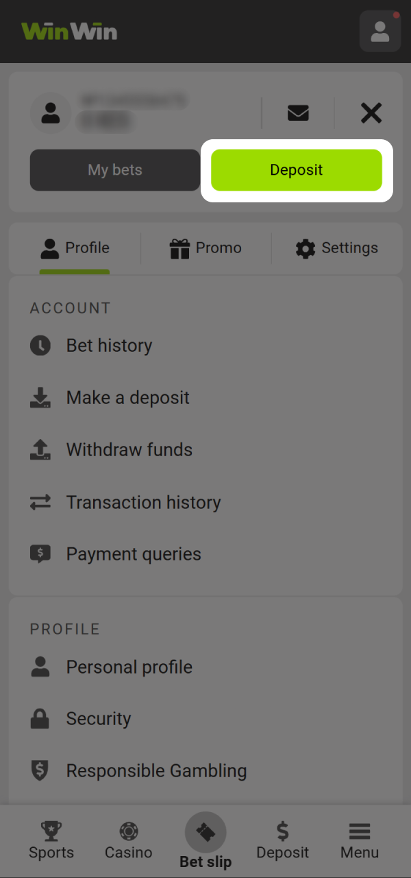 Go to WinWin page or app and tap the deposit button.