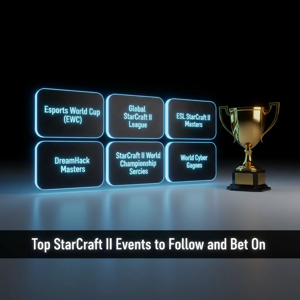 Graphic listing top StarCraft II events for betting: EWC, GSL, ESL Masters, IEM Katowice, TSL, HomeStory Cup, WTL.