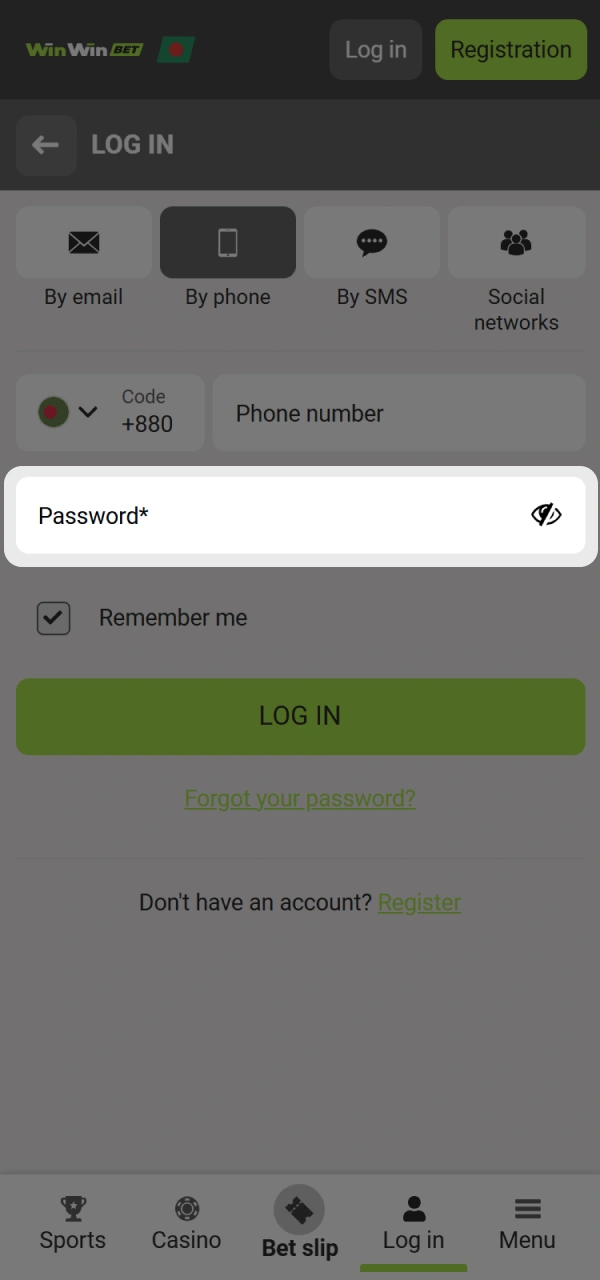 Type your password to log into your WinWin Casino account.